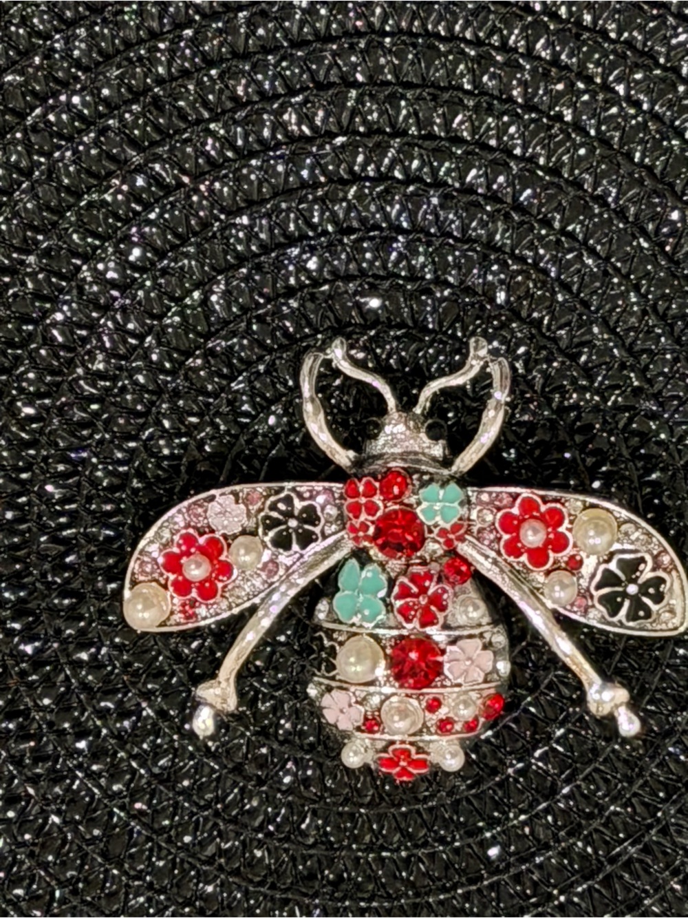 Floral Crystal Bee Brooch - Red & Mint Accent